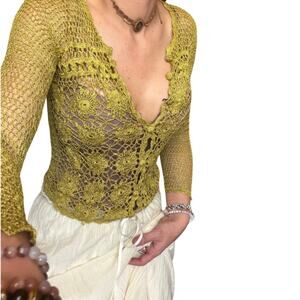 Vintage Crochet Cardigan Top / Olive Green Lace Knit / Fairycore Boho Button Top
